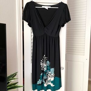 Vintage Y2K Max Studio Black Knee/Mini Dress with Teal Floral Border Size S